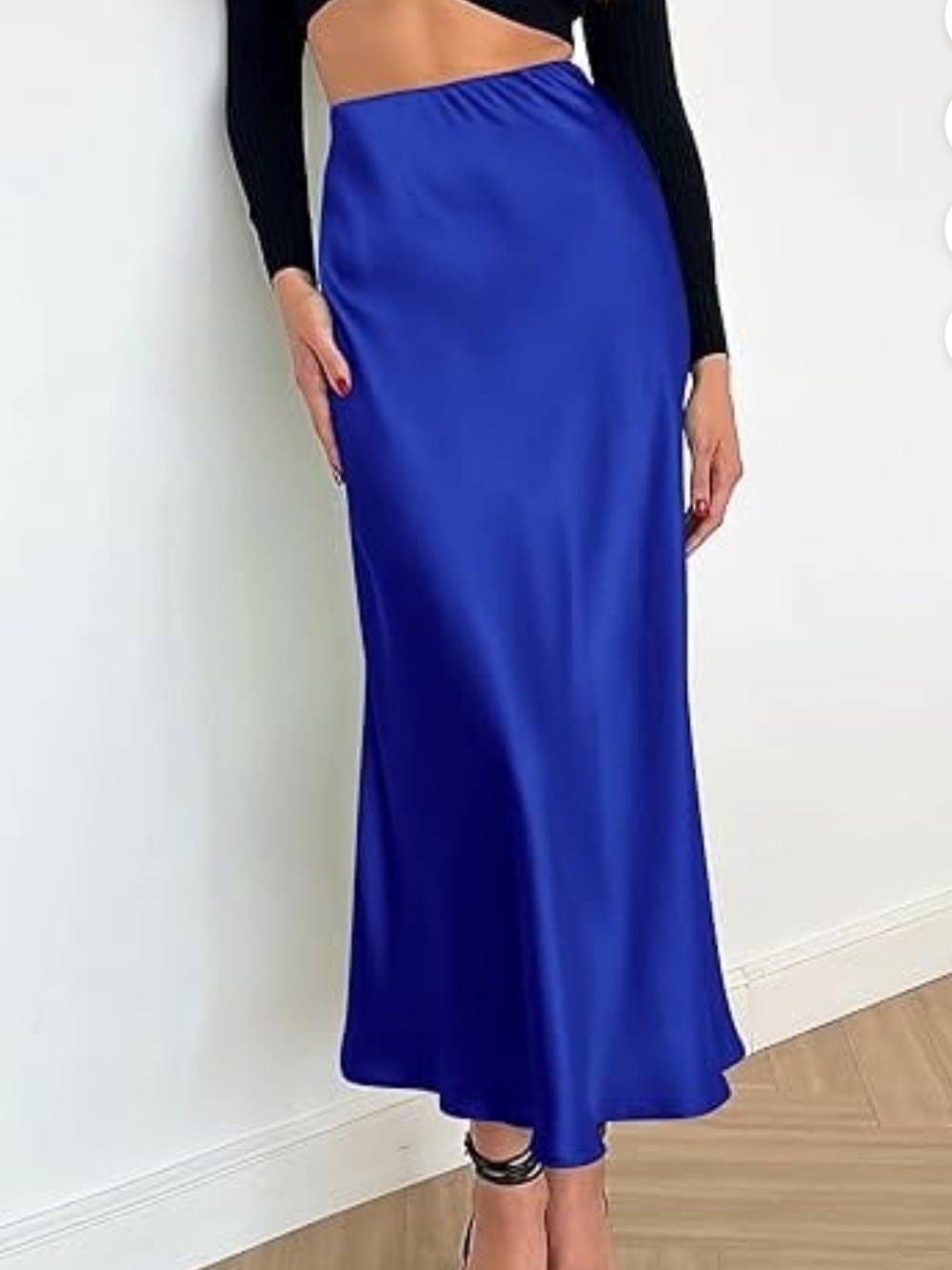 PrettyGarden Womens SMALL Satin Midi Skirt Royal Blue High Waist A-Line Sz S NWT